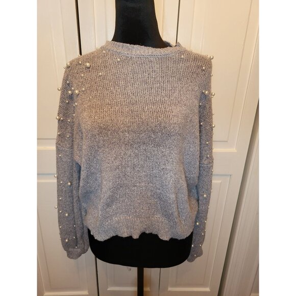 Gray Cropped Sweater Pearl Accent Belle L Feminine Dainty Embellished Fairy - Picture 5 of 6